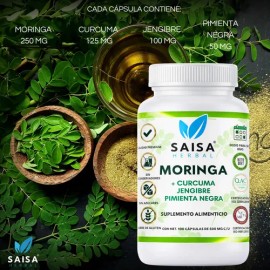 Moringa  Cúrcuma  Jengibre  Pimienta Negra  100 Cáps  SAISA HERBAL  Inmunidad y Desinflamación Natural  Potenciado                                    