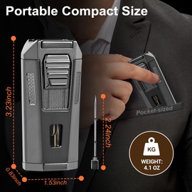All-in-One Torch Lighter Adjustable Windproof 2 Jet Flame Lighters for Travel with Punch, Holder, and Draw Enhancer Tool, Refillable Butane Design Gas Lighters Gift for Men(Butane not Included)(Black)