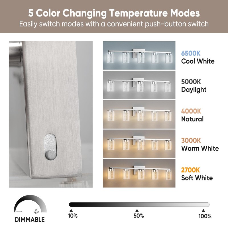 LED Modern Bathroom Light Fixtures Over Mirror, 5-Light Brushed Nickel