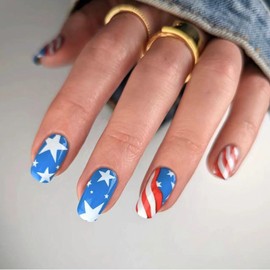 MERVF Square Press on Nails Medium Fake Nails 4th of July Glue on Nails with American Flag Design Squoval Star Acrylic Nails Press ons Glossy 24pcs Independence Day Nails
