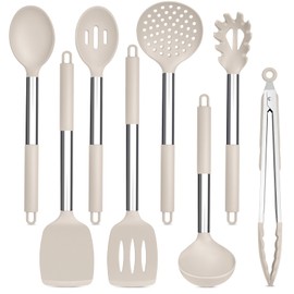 TeamFar Kitchen Utensils Set of 8, Silicone Utensils Kitchen Tools Set with Stainless Steel Handle, for Frying Serving Flipping Draining, Non-toxic & Heatproof, Nonstick & Dishwasher Safe - Khaki