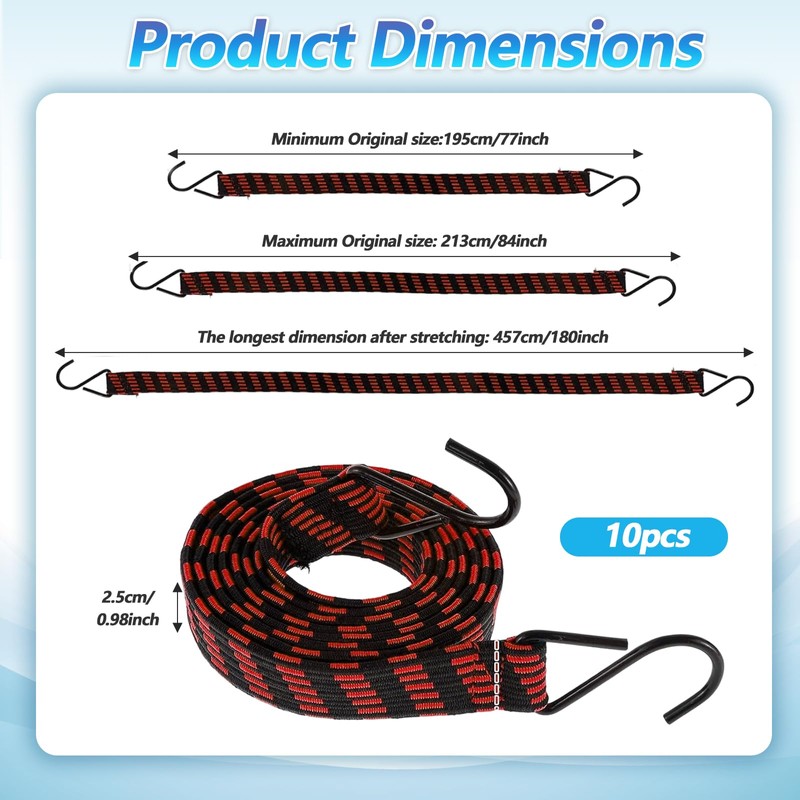 10 Pcs Long Bungee Cords with Hooks, Flat Bungee Cords