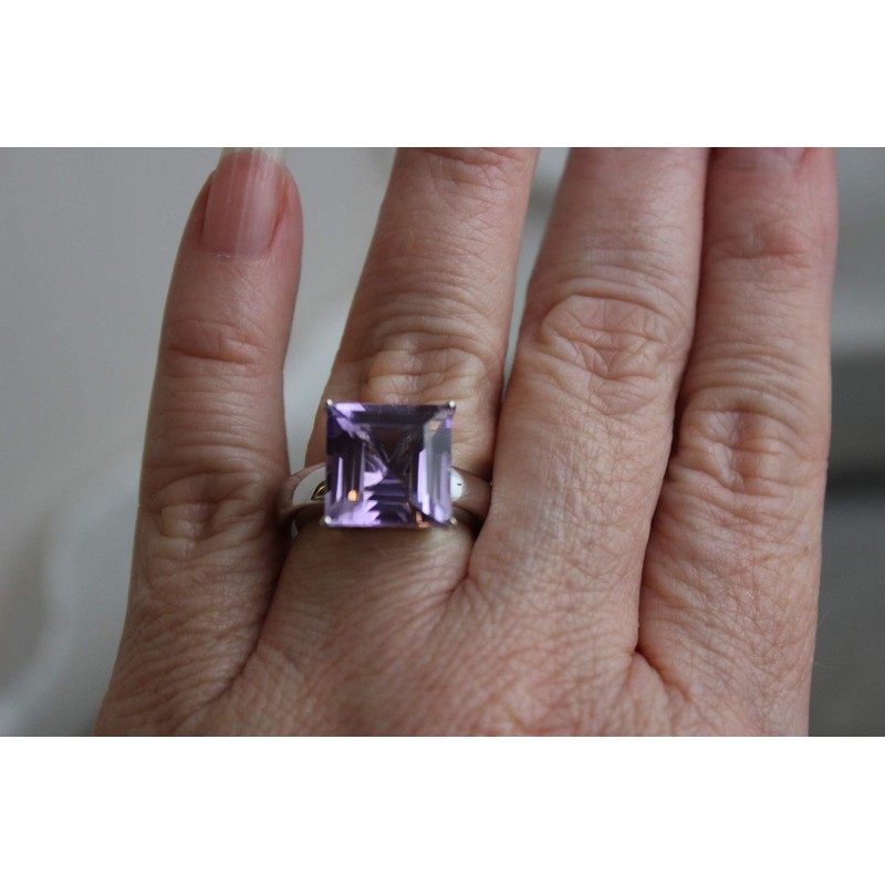 15 mm Princess Cut Amethyst Sterling Silver Ring US Size