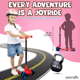 SereneLife 3-Wheel Foldable Kids Scooter – LED Wheel Lights, Adjustable Handlebar, Rear Foot Brake, Lean-to-Steer, Anti-Slip Deck – Ideal for Toddlers & Kids 3+, up to 110 lbs