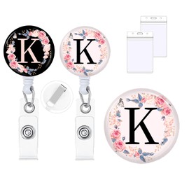 2Pcs A-Z Letter Badge Reels with Vertical Clear Plastic ID Card Holders (2.5" x 3.7") Retractable Name Tag ID Clip Holder Nursing Student RN Pediatric Teacher Office Work Accessories K