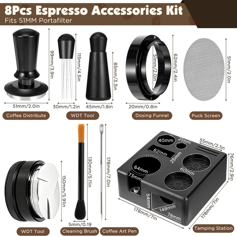 8 PCS Espresso Accessories Kit,51mm Espresso Tamper Tools,WDT Tool Espresso,Espresso
