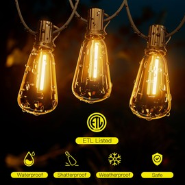 OHLUX - Cadena de luces de bistro para exteriores, 60 pies con 32 bombillas Edison inastillables ST38 clásico, cadena de luces LED conectables regulables de 2200 K para exteriores, porche, patio, cenadores, balcón, jardín