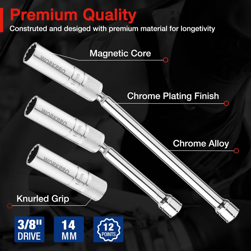 WORKPRO 3PC 14mm Spark Plug Socket, Magnetic Swivel Thin Wall