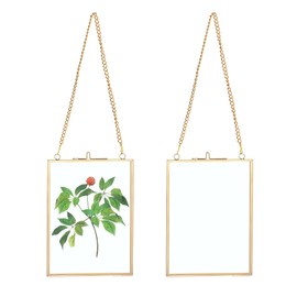 SUMTree 2 x Glass Picture Frame Hanging with Chains Photo Frame Plant Sample Glass Frame for Pressed Flowers Photo Pictures Glass Frame Only (Gold, 13 x 18 cm, Rectangle)