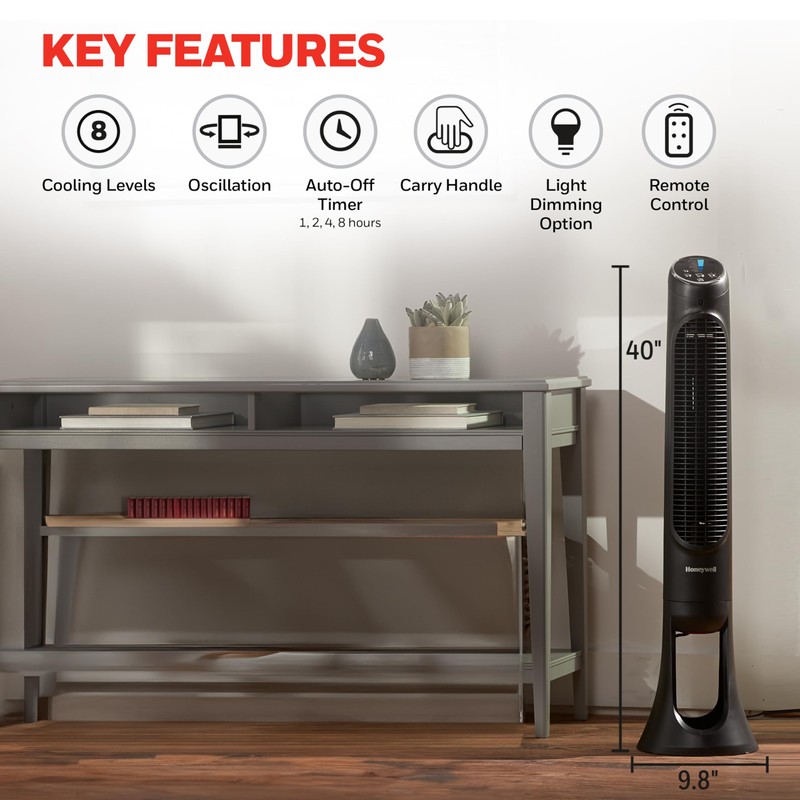 Honeywell QuietSet Whole Room Tower Fan-Black, Oscillating Tower Fan with