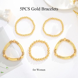 Dmaiy 5pcs Gold Bracelets for Women Gold Bead Bracelet Set Layered Tube Bracelets Chunky Stretch Bangle for Holiday Party (Gold)