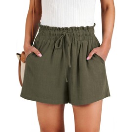 NILOINE Ladies Summer Casual High Waisted Shorts Wide Leg Ruffle Elastic Waist Adjustable Drawstring Shorts Linen Short Pants with Pockets(1-Army Green,Large)