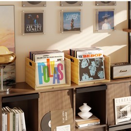X-cosrack 2-Pack Vinyl Record Storage Box Crate, Visible Acrylic & Bamboo CD Record Holder Crate with Handle, CubeAlbum Holder and Vinyl LP CD Storage and Organizer, Easy to Assemble