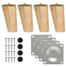 ROFMAPLE 10 cm / 4 Inch Wooden Table Legs, Pack of 4 Solid Wood Slanted Tapered Replacement Furniture Feet, Cabinet Feet with Pre-Drilled M8 Bolts, Mounting Plates, Screws and Foot Pads for Cabinet, Sofa, Coffee Table