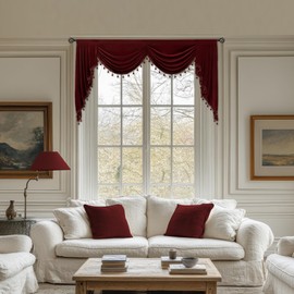 KNEOQIT Luxury Burgundy Red Velvet Curtain Valance, Soft Touch Rod Pocket Valance with Bead Tassels, Waterfall Valance for Bedroom, 59 Inch,1 Panel