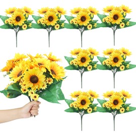 8 Packs Artificial Sunflowers with Stems Silk Fake Sunflowers Bouquet Plastic Silk Sunflowers Bulk Yellow Wedding Faux Flower Bunches for Wedding Party Decoration Vase Home (Vivid Style)