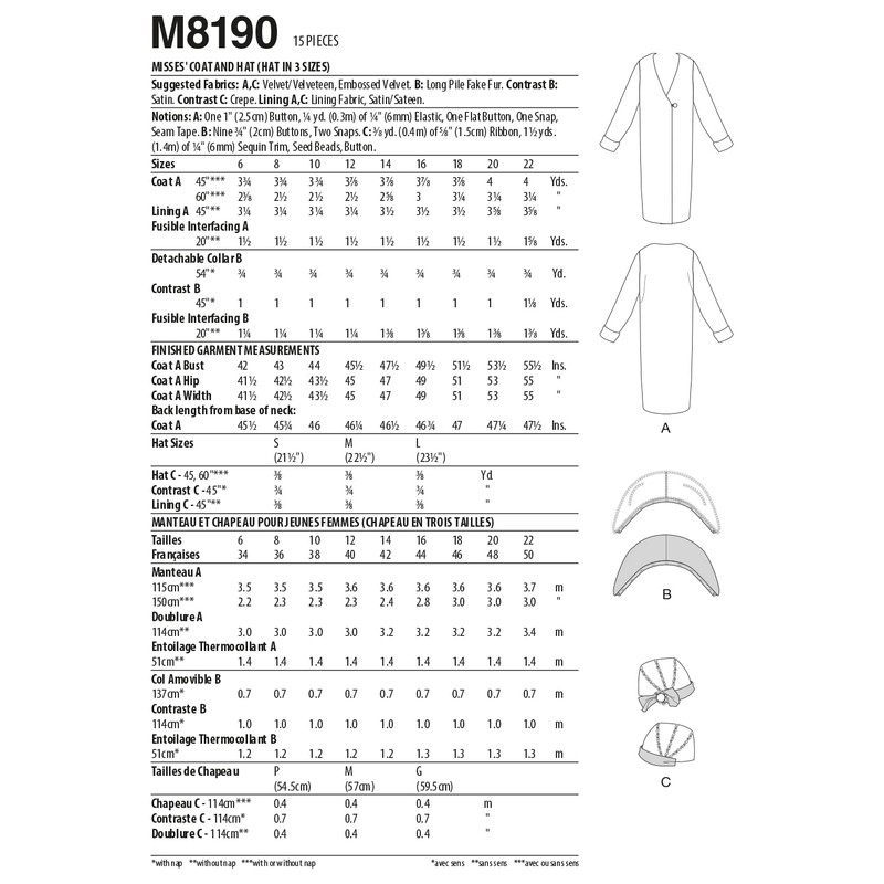 McCall's Misses' 1920's Coat and Hat Sewing Pattern Kit, Code