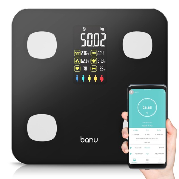 BANU Digital Body Scales for Weight, Fat, Quick Visible 8 Body Composition Analyzer Large Display, Fitness, Bathroom Scale with BMI, Heart Rate, 16 Body Composition Analyzer sync Fitness App (Black)