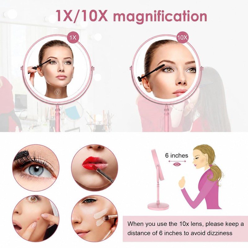 Makeup Mirror, Rechargeable Vanity Mirror with 3 Lights, 1X/10X