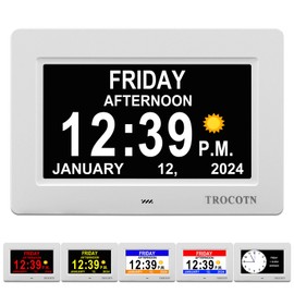 TROCOTN【Newest Dementia Clock Large Digital Clock for Seniors, Calendar Clock Large Display with Custom Alarms,Wall Clock with Day & Date, Alarm Clock,Desk Clock (7 inch White)