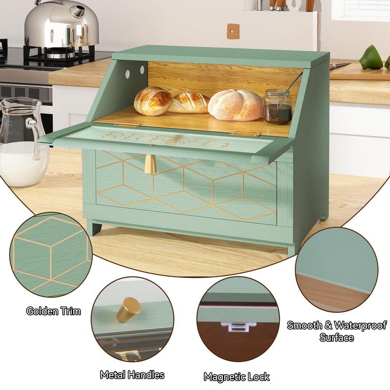 HOLTICO Double Layer Bread Box with Golden Trim for Kitchen