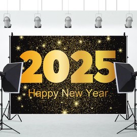 OERJU Happy New Year 2025 Backdrop Black and Gold Glitter Sequins Stars Photography Background Cheers to The New Year Christmas Eve Party Decoration Banner Adult Kids Photo Studio Props 7x5ft