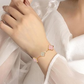 AOWVUTS Four Leaf Clover Bracelet 14K Gold-Plated Clover Bracelet with Cubic Zirconia Adjustable Stackable Lucky Bracelet Gold Jewellery Gift for Women Girls, Plastic, No Gemstone