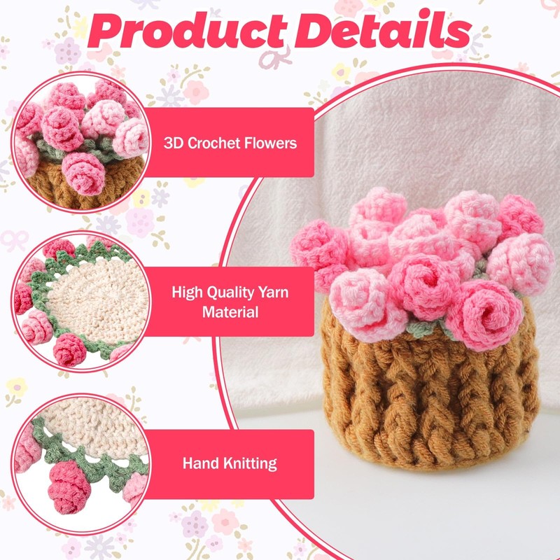 LLMSIX Handmade Rose Crochet Flower Coaster Set with Storage Basket