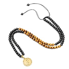 COAI 108 Mala Necklaces Ying Yang Pendant, Obsidian Tiger's Eye Obsidian, Tigers Eye