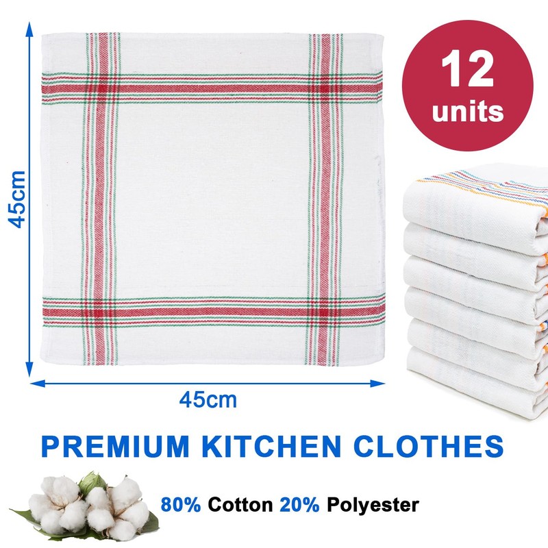 QILZO 12 Twill Kitchen Towels 45 x 45 cm, Cotton