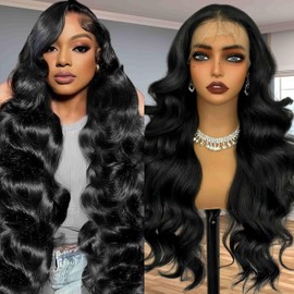 Natural Black 13×6 Lace Front Wig, 26 Inch HD Lace frontal Wavy Glueless Wigs,Synthetic Body Wavy Pre Plucked Wig with Baby Hair for Women Daily Party Use,Heat Resistant Fiber Wig