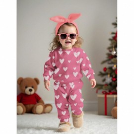 BOUTIKOME Toddler Baby Girls Valentines Day Outfits Heart Print Sweatshirt Long Pants Set 2Pcs Sweatsuit Tops Clothes 1-4T(Pink-3,3-4T)