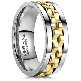 King Ring 8mm Gear Spinner Ring – Ultra Polished Men & Women Stainless Steel Fidget Ring K12 – Silver Gold 09