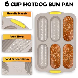 LKEAKICN Hot Dog Bun Pans for Baking, 6-Cavity Silicone Hot Dog Bun Mold, Set of 2, Non-Stick, Make 6-inch Hotdog shaped Bread, Mini Baguette