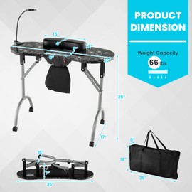 LDAILY Portable Nail Table, Foldable Nail Technician Desk w/Electric Dust Collector, Bendable LED Lamp, Removable Armrest Pad, Carry Bag, Manicure Table with Lockable Wheels for Home, Salon (Black)