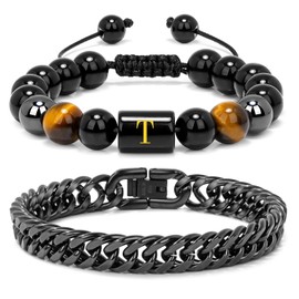 Raicegs Bracelets for Men Birthday Gifts; Initial Bracelet for Men Stainless Steel Bracelets Black Obsidian Tigers Eye Hematite Beaded Bracelets Mens Letter Bracelet 7.9 "Cuban Link Chain Bracelet Set