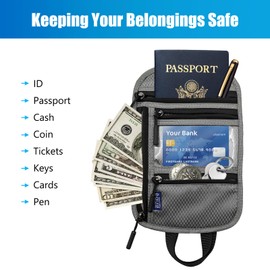 Travel Pouch Passport Holder-Neck Pouch for Men and Women-Travel Neck Wallet with RFID Blocking And Keep Your Belongings Secure (Grey)