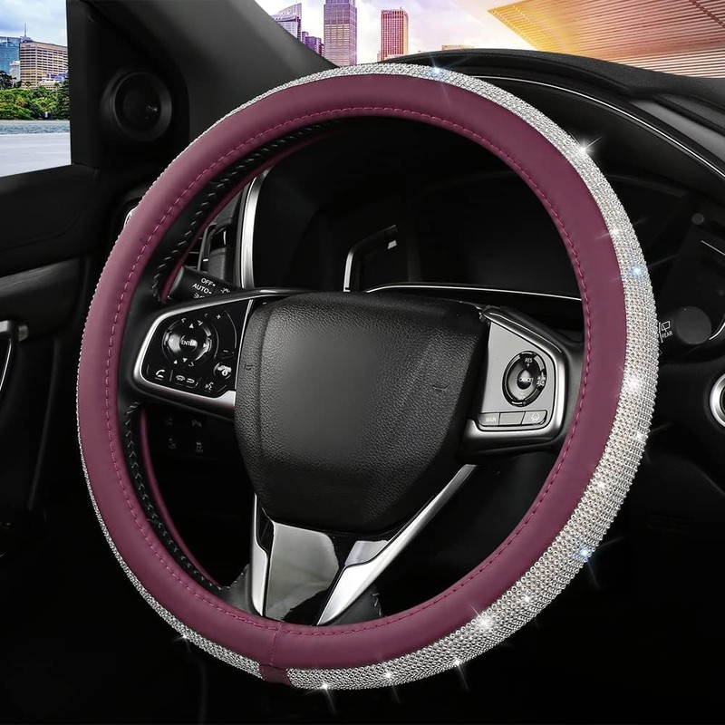 Purple Bling Diamond Steering Wheel Cover, Leather with Crystal Rhinestones,