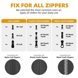 Aezzybe Zip Slider 18 Pieces, Zip Repair Kit for #3#5#8 Nylon Plastic Metal Zippers, Instant Zip Replacement with Automatic Locking