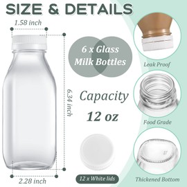 Gerrii 6 Pcs 10 oz Glass Milk Bottles with Lids Milk Container Glass Juice Bottles for Refrigerator with Caps Dairy Drinking Jars Containers for Yogurt,Juice,Cold Beverages and Water