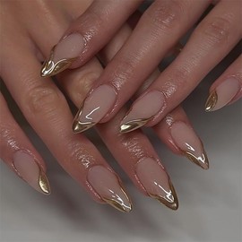 Press On Nails, Short Almond Ballet Duck Fake Nails, Cute Flower Stick on nails, Glue on Nails on 24PCs (Gold Foil French)