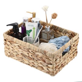 OGANAZI Natural Water Hyacinth Baskets with Handles, Woven Wicker Storage Baskets for Organizing, Shelf Baskets for Bedroom Bathroom Living Room, 30.5 * 23 * 13cm