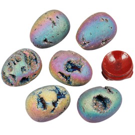 Nupuyai Druzy Agate Geode Crystal Egg with Stand, Rainbow Titanium Coated Quartz Cluster Specimen Spiritual Healing Stone for Home Decor