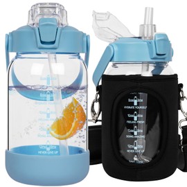 Seekua 32 oz Glass Water Bottle with Straw and Time Marker, Large Motivational Borosilicate Glass Drinking Bottle with Silicone Boot and Sleeve