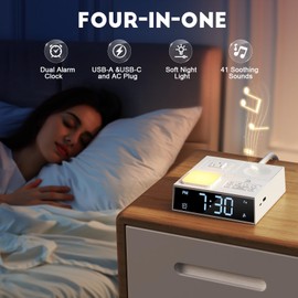White Noise Sound Machine with Dual Alarm Clock - Soft Night Light 41 Non Looping Sounds USB Port Charger 3 Timers Memory Function 31 Adjustable Volume Sleep Sound Machine for Adult & Home Bedroom