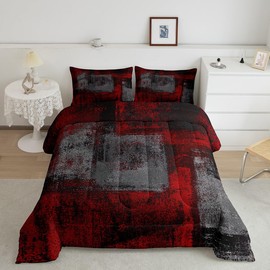 Grunge Ombre Comforter Set Queen Red Black Dark Grey Bedding Sets Watercolor Abstract Quilt Set For Kids Boys Girls Vintage Hippie Graffiti Duvet Insert Oil Painting Style Room Decor 2 Pillow Cases
