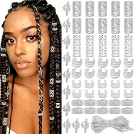 60PCS Silver Hair Strings Hair Cuffs for Braids Metal Alloy Dreadlock Braid Clip Adjustable Non-Piercing Ear Clips Loc Accessories for Women and Girls
