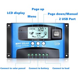 Y&H MPPT 100A 12V/24V Auto Focus Tracking Solar Panel Charge Controller Regulator with Dual USB Port,LCD Display, Model:Wanderer BL912 (Blue)