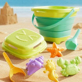 8pcs Kids Beach Sand Toys Set with Collapsible Beach Sand Buckets,Sand Molds,Sand Sifter,Shovels Set Travel Sandbox Toys for Toddler Ages 3+,Outdoor Play and Beach Travel