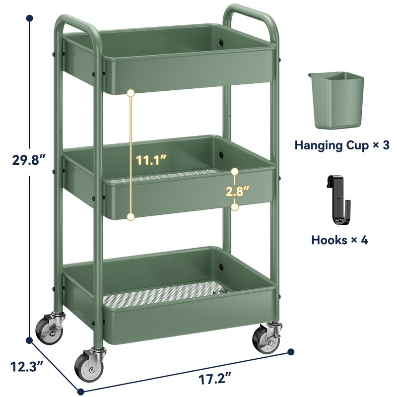 YASONIC 3-Tier Rolling Cart, Green, 66 Pounds Capacity, Mesh Storage